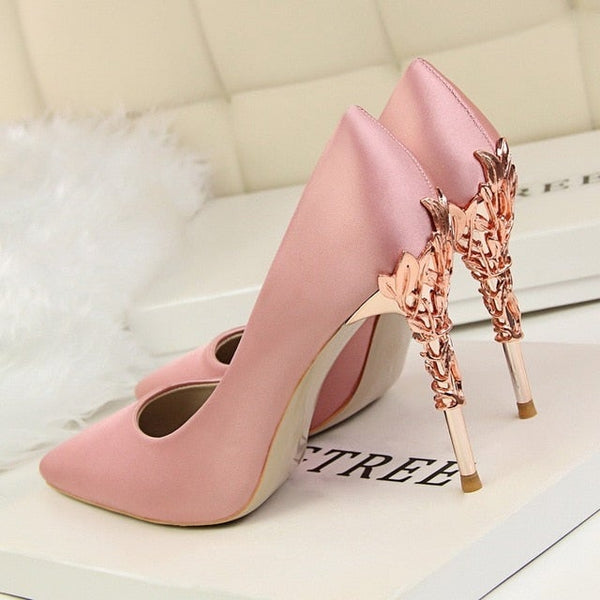 Metal Carved High Heels Pointed Toe Thin Heel Fashion Party Pumps for Women  -  GeraldBlack.com