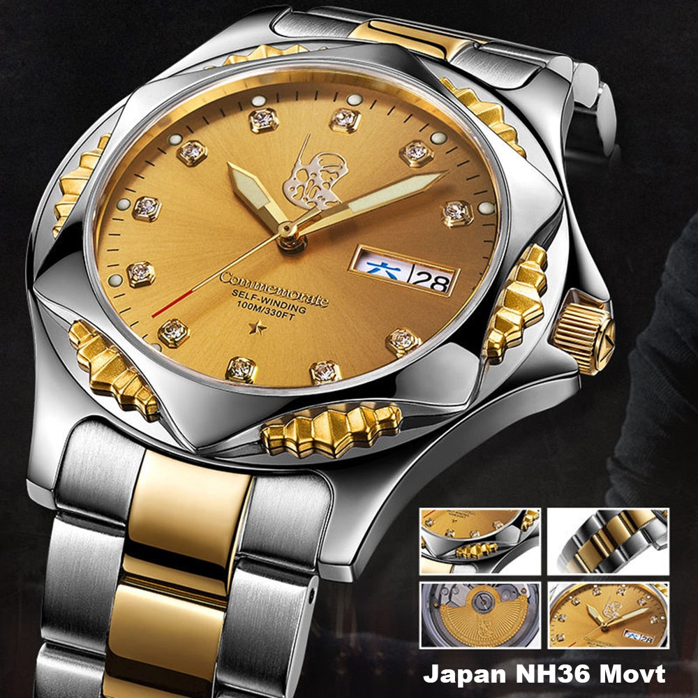 Military Automatic Watches Men's Mechanical Watch Sports Golden Stainless Steel Luminous Wristwatches Army Clocks Homage  -  GeraldBlack.com