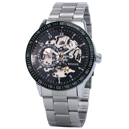 Military Fashion Men's Mechanical Skeleton Dial Stainless Steel Strap Watch - SolaceConnect.com