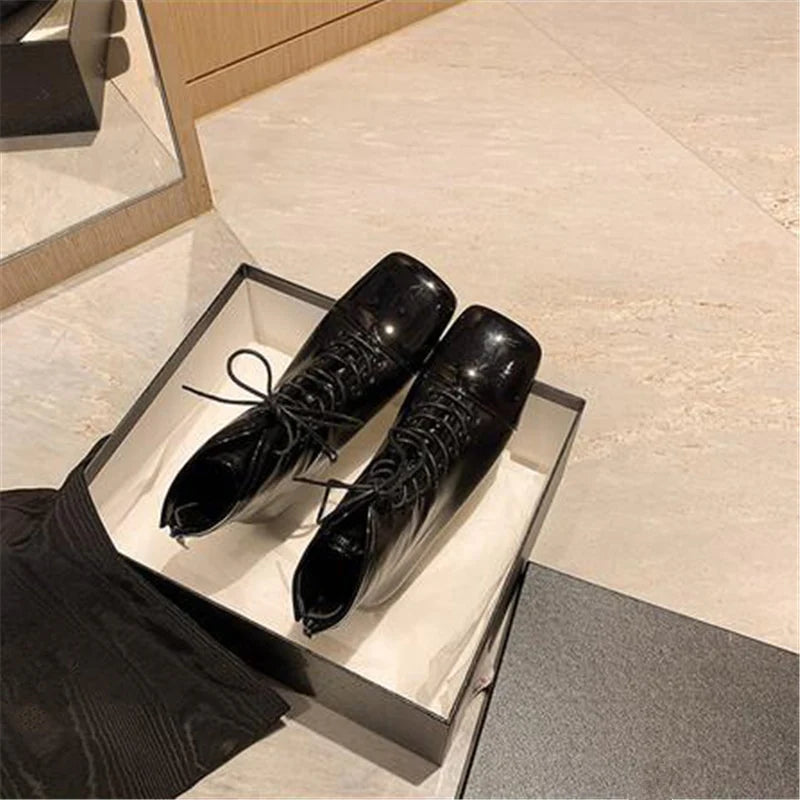 Women's Concise Cross Tied Back Zipper Square Toe Flat Ankle Boots 1 Women's Concise Cross Tied Back Zipper Square Toe Flat Ankle Boots