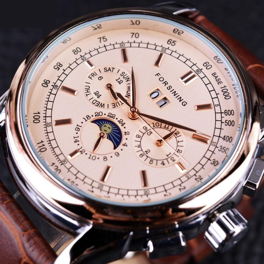 Moon Phase Shanghai Movement Rose Gold Case Genuine Leather Watch  -  GeraldBlack.com