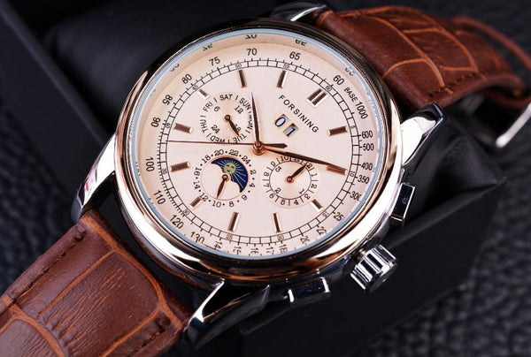 Moon Phase Shanghai Movement Rose Gold Case Genuine Leather Watch - SolaceConnect.com