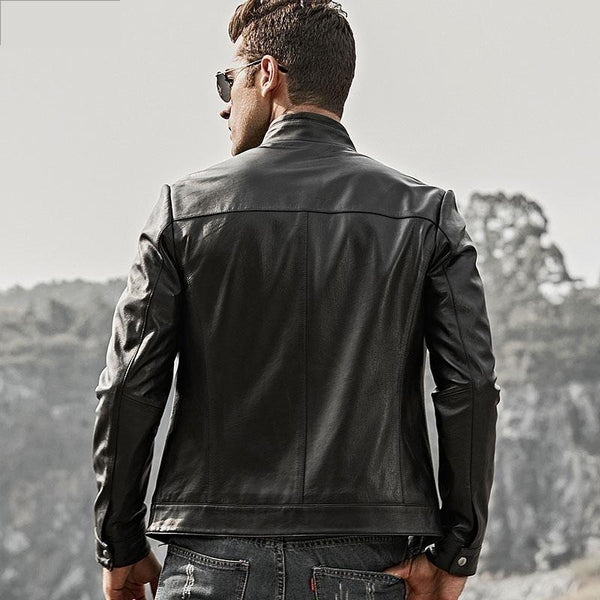 Motorcycle Lambskin Slim Fit Genuine Leather Standing Collar Coat for Men - SolaceConnect.com
