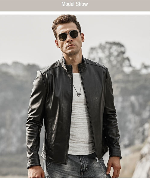 Motorcycle Lambskin Slim Fit Genuine Leather Standing Collar Coat for Men - SolaceConnect.com