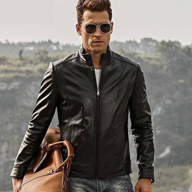 Motorcycle Lambskin Slim Fit Genuine Leather Standing Collar Coat for Men  -  GeraldBlack.com
