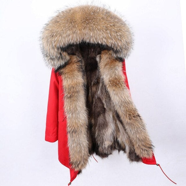 Natural Raccoon Fur Collar Hooded Long Winter Jacket for Women  -  GeraldBlack.com