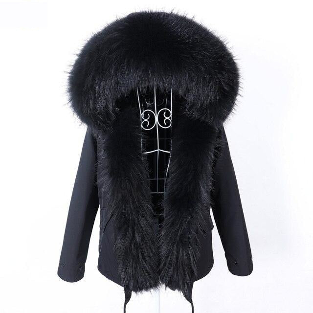 Natural Racoon Fur Collared Full Sleeves Winter Hooded Jacket for Women  -  GeraldBlack.com