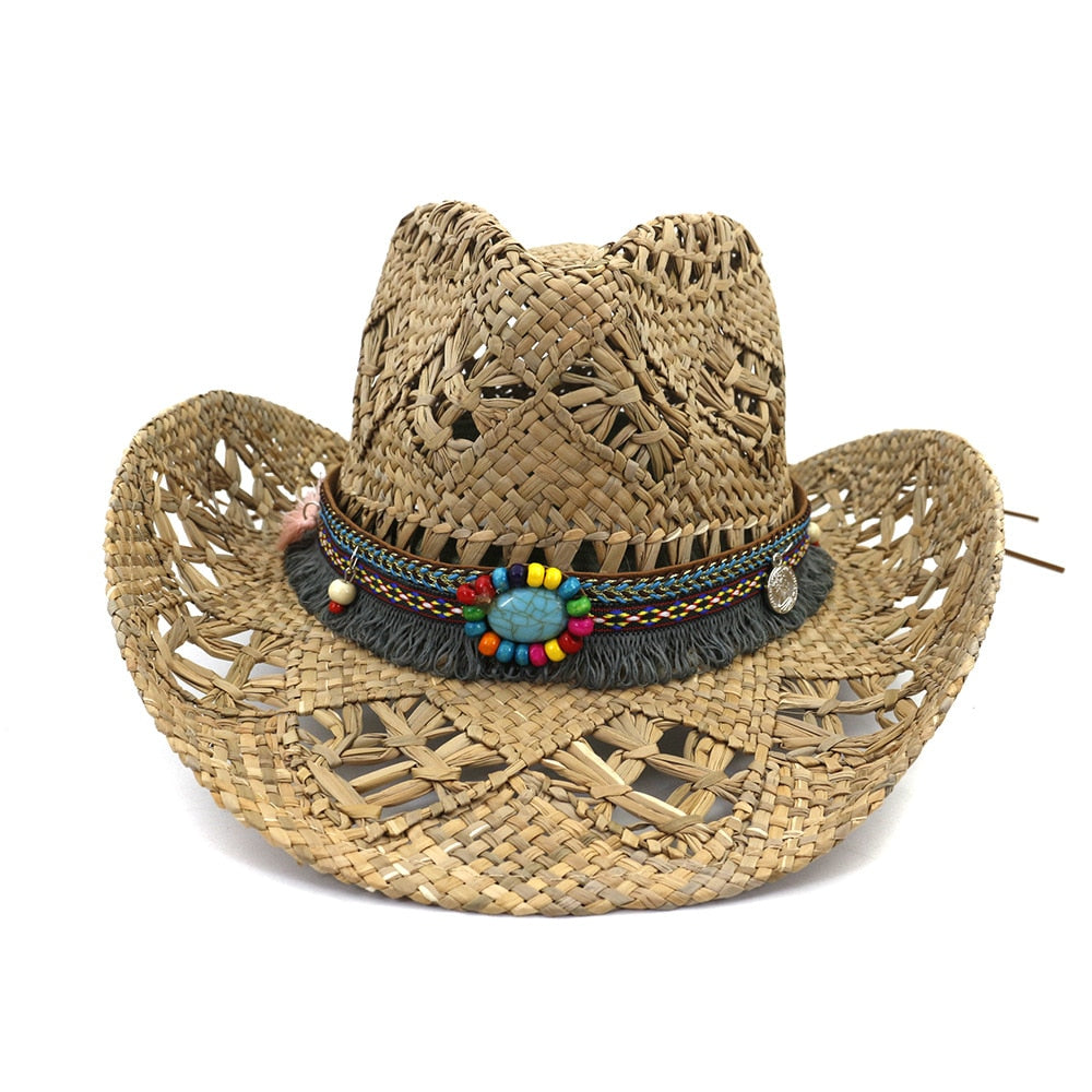 Natural Salt Grass Handmade Crochet Straw Breathable Western Cowboy Cowgirl Large Brim Travel Hat  -  GeraldBlack.com