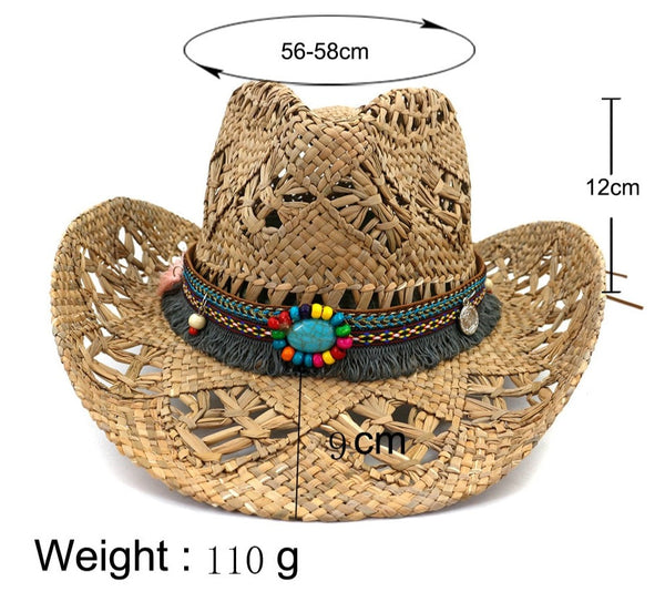 Natural Salt Grass Handmade Crochet Straw Breathable Western Cowboy Cowgirl Large Brim Travel Hat  -  GeraldBlack.com