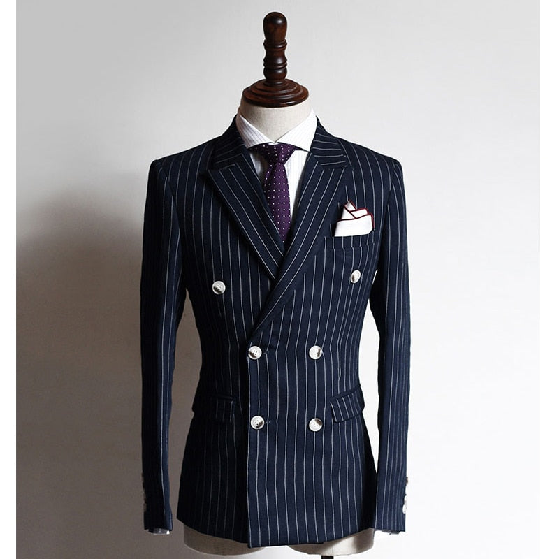 Navy Blue Stripe Business Formal Jacket with Pant Suits with Double Breasted 2 Pcs Custom Groom  -  GeraldBlack.com