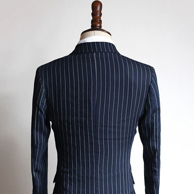 Navy Blue Stripe Business Formal Jacket with Pant Suits with Double Breasted 2 Pcs Custom Groom  -  GeraldBlack.com
