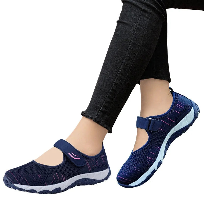 Navy Blue Summer Women's Casual Flats Fabric Hoop Loop Soft Comfy Mary Janes Round Toe Mesh Shallow Shoes  -  GeraldBlack.com