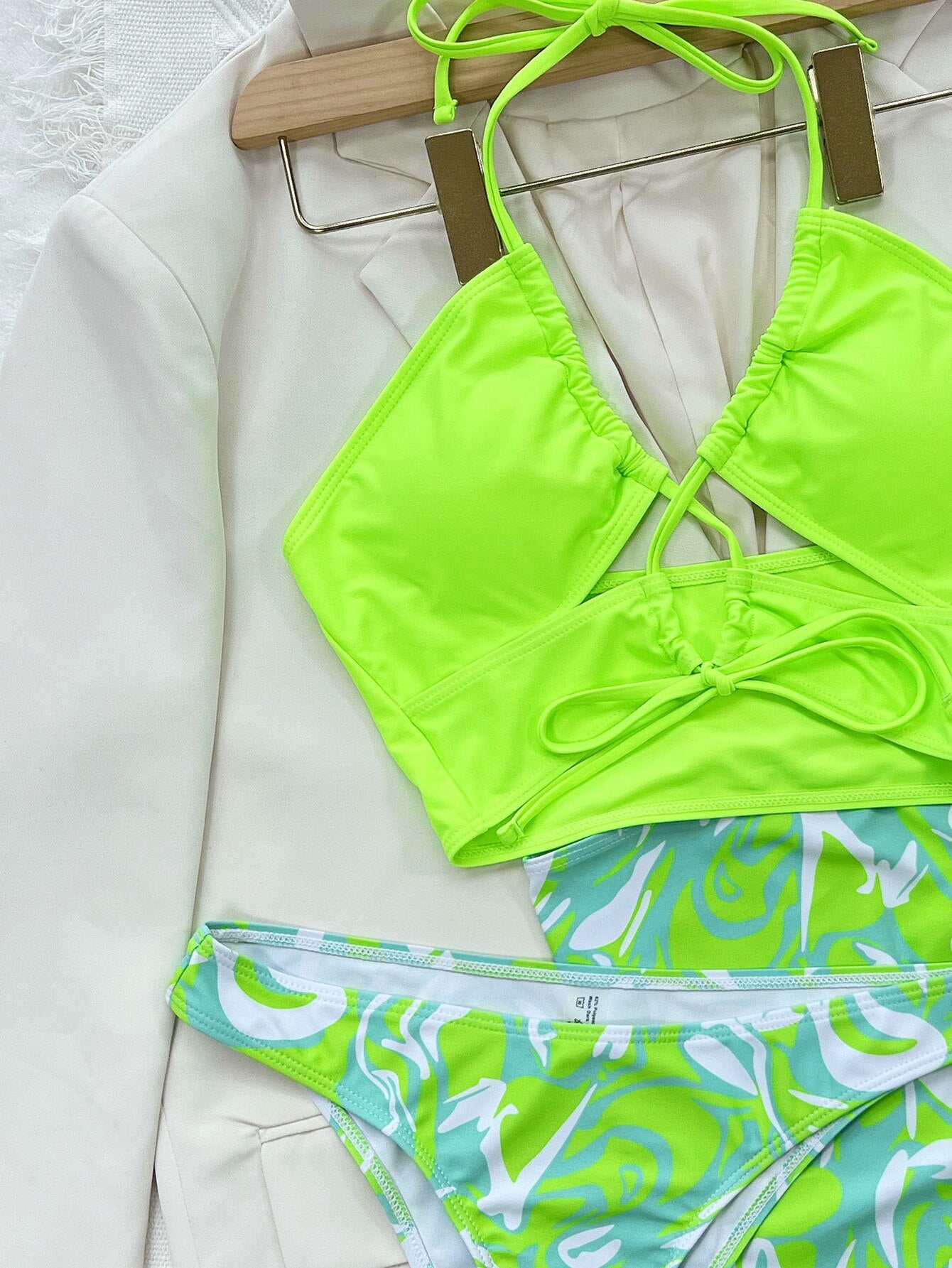 Neon Green Tie Dye Bikini Women Push Up Bandage Cross Pleate Skirt 3 Piece Swimsuit Sexy Bathing Suit High Waist Swimwear  -  GeraldBlack.com