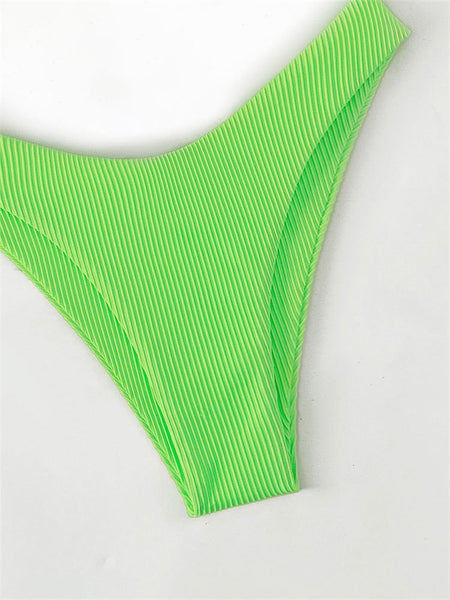 Neon Green Wrap Around Bikini Women Halter Cut Out Push Up Lace Up Swimwear Ribbed Hollow Out Thong Swimsuit  -  GeraldBlack.com