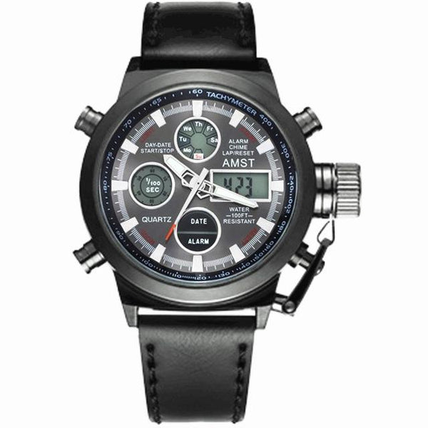 Nylon &amp; Leather Strap LED Dive 50m Military Watches with Dual Display - SolaceConnect.com