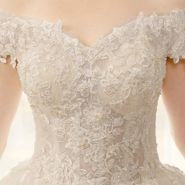 Off Shoulder Lace Appliques Decorated Celebrity Princess Style Wedding Gowns - SolaceConnect.com