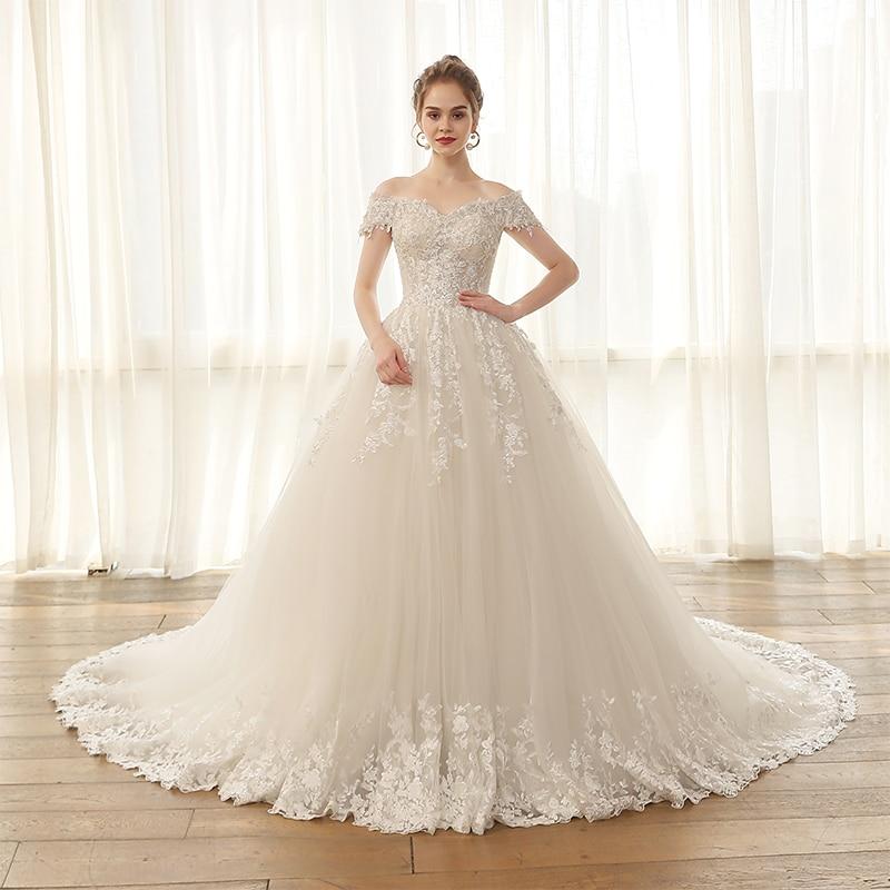 Off Shoulder Lace Appliques Decorated Celebrity Princess Style Wedding Gowns  -  GeraldBlack.com