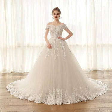 Off Shoulder Lace Appliques Decorated Celebrity Princess Style Wedding Gowns  -  GeraldBlack.com