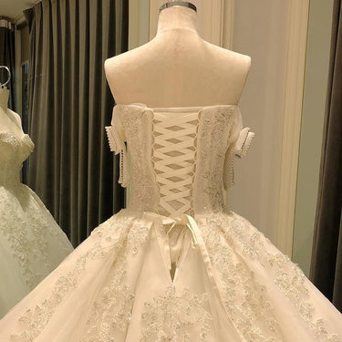 Off Shoulder Princess Ball Gown Wedding Dress with Appliques and Heavy Beads - SolaceConnect.com