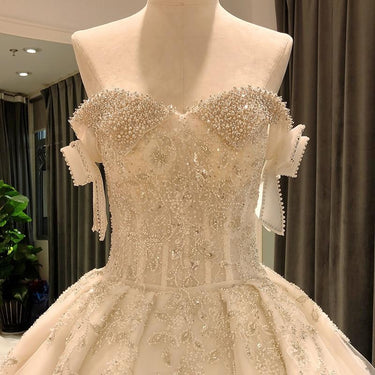 Off Shoulder Princess Ball Gown Wedding Dress with Appliques and Heavy Beads - SolaceConnect.com