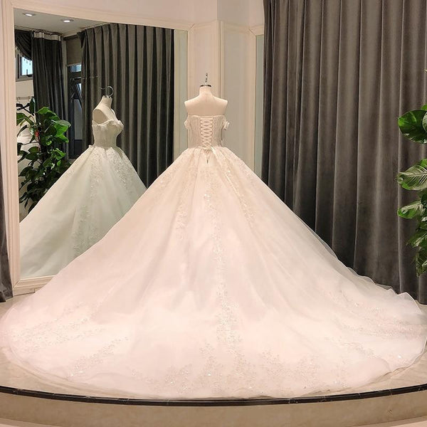 Off Shoulder Princess Ball Gown Wedding Dress with Appliques and Heavy Beads  -  GeraldBlack.com