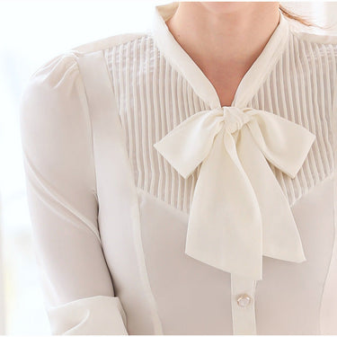 Office Ladies Autumn Women's White Long-Sleeve Slim Bow Tie Shirt Blouse - SolaceConnect.com