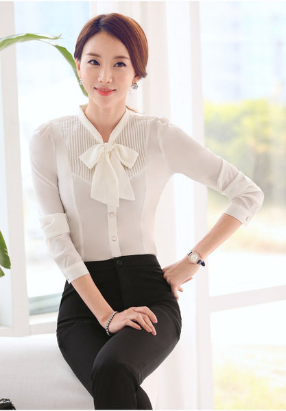 Office Ladies Autumn Women's White Long-Sleeve Slim Bow Tie Shirt Blouse - SolaceConnect.com