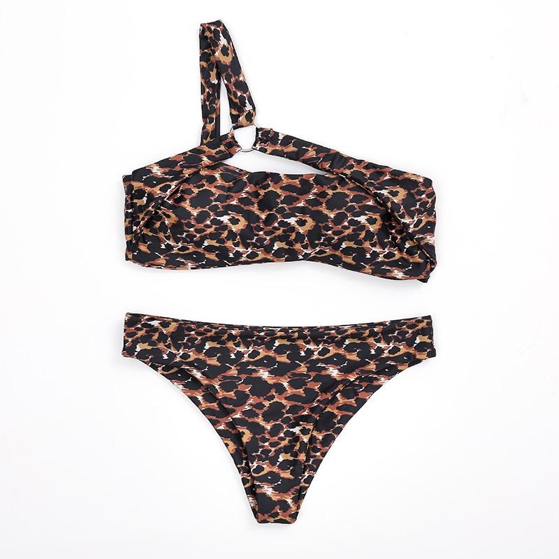 One Shoulder Red Women's Brazilian Push Up Bikini Set with Leopard Pattern - SolaceConnect.com