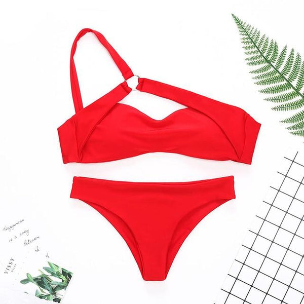 One Shoulder Red Women's Brazilian Push Up Bikini Set with Leopard Pattern - SolaceConnect.com
