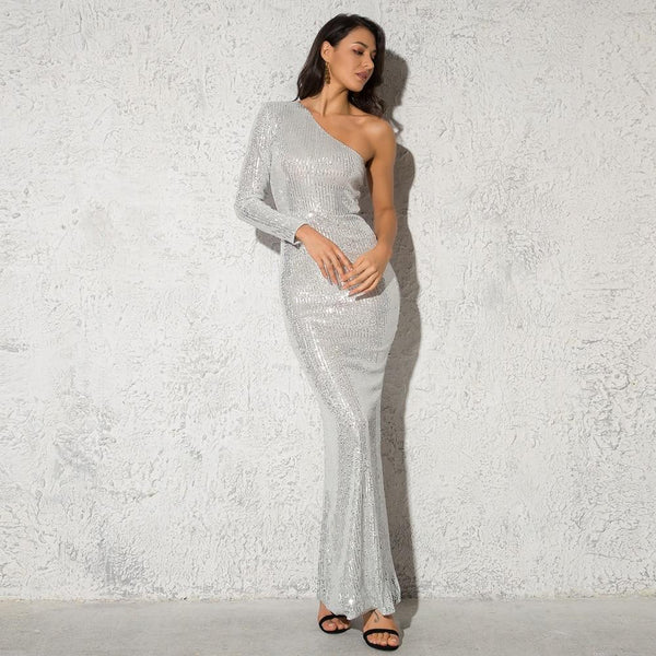 One Shoulder & Sleeve Silver Striped Sequined Back Split Night Party Dress - SolaceConnect.com