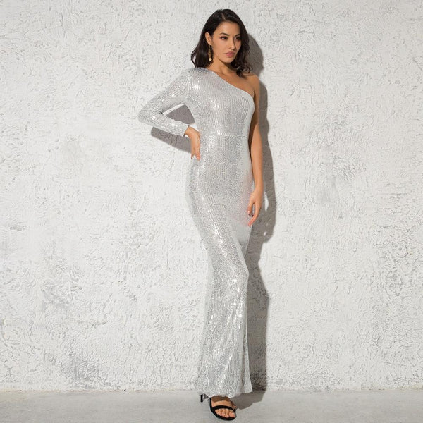 One Shoulder & Sleeve Silver Striped Sequined Back Split Night Party Dress - SolaceConnect.com