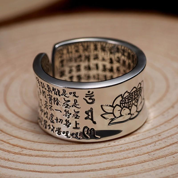 Open Adjustable Unisex Jewelry Buddhist Heart Sutra Signet Silver Ring - SolaceConnect.com