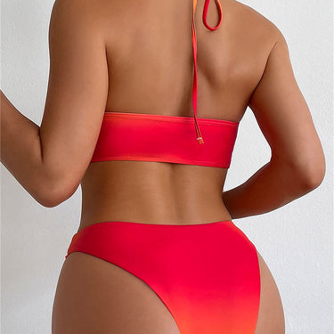 Orange Gradient 3 Piece Bikini Set Women Halter Bandage Cross Push Up Mesh Skirt Swimsuit Beach Bathing Suit  -  GeraldBlack.com