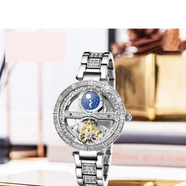 Original Genuine Women's Hollowed Out Skeleton Fully Automatic Luminous Fashion legant Leather Strap Lady Watch  -  GeraldBlack.com
