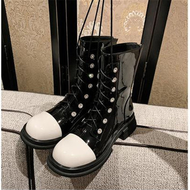 Patent Leather Ankle Boots Mixed Colors Motorcycle Booties Rhinestone Lace-up Botines Casual Cozy Women Shoes Chaussure Femme  -  GeraldBlack.com