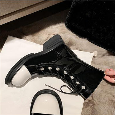Patent Leather Ankle Boots Mixed Colors Motorcycle Booties Rhinestone Lace-up Botines Casual Cozy Women Shoes Chaussure Femme  -  GeraldBlack.com