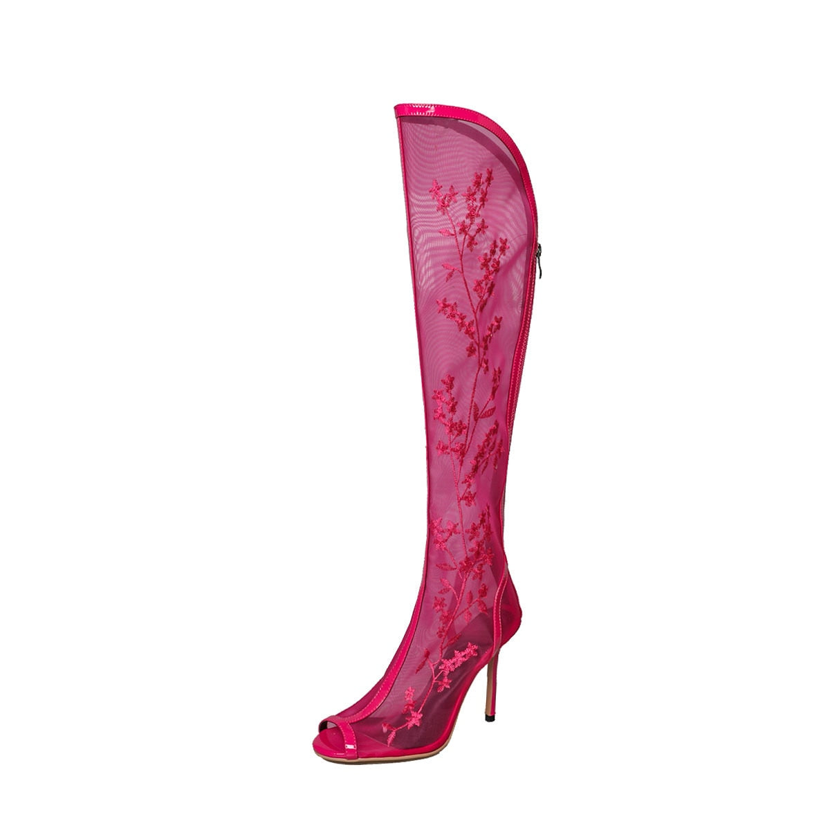 Peep Toe Over-the-knee Boots Sexy Banquet High Heels Floral Embroidered Zipper Stiletto Mesh Botas  -  GeraldBlack.com