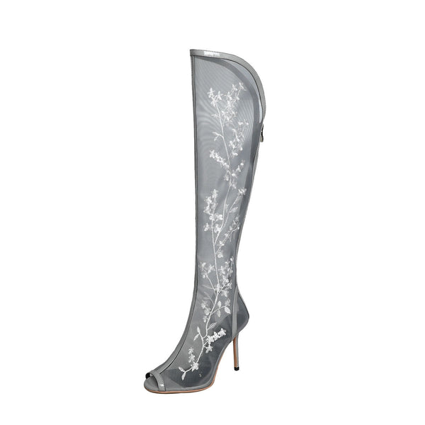 Peep Toe Over-the-knee Boots Sexy Banquet High Heels Floral Embroidered Zipper Stiletto Mesh Botas  -  GeraldBlack.com