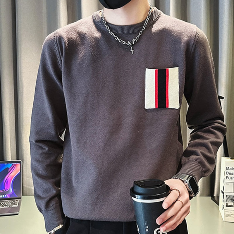 Personality Splicing Striped Knitted Mens Slim Fall O Neck Pullover Sweater  -  GeraldBlack.com