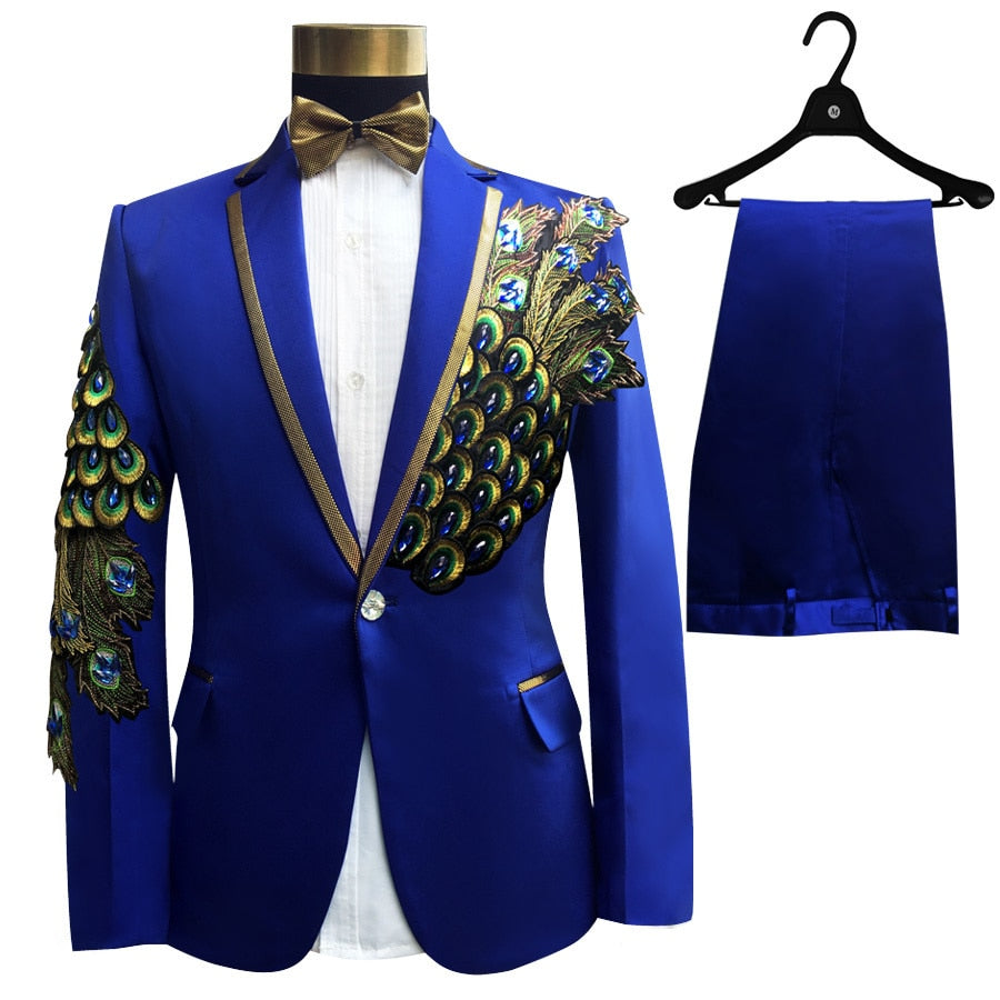 Phoenix Blue Suit Tuxedo Jacket Pant Beads Mens Stage Wearmens Tuxedos Wedding Plus Size 4XL Groom Suit  -  GeraldBlack.com