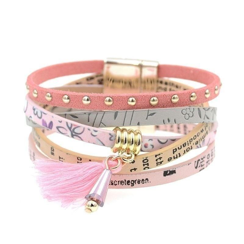 Pink Leather Boho Style Magnet Clasp Charm Bracelet for Women  -  GeraldBlack.com