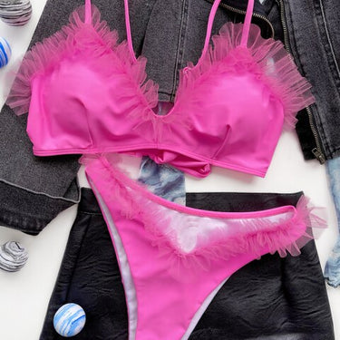 Pink Solid Color Women's Push Up Ruffle Decor Bathing Suit Bikini Set  -  GeraldBlack.com