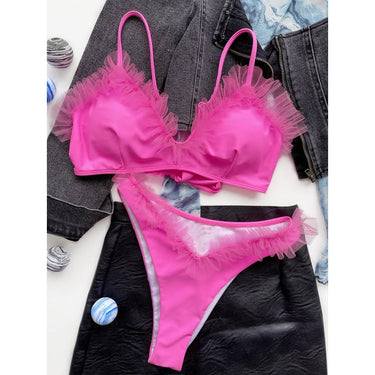 Pink Solid Color Women's Push Up Ruffle Decor Bathing Suit Bikini Set  -  GeraldBlack.com