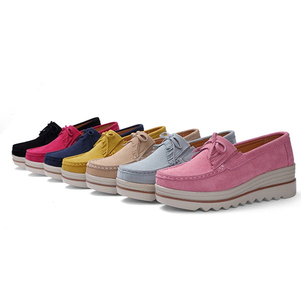 Pink Spring Autumn Moccasins Woman Platforms Genuine Leather Slip-ons Casual Lady Round Toe Cow Suede  -  GeraldBlack.com