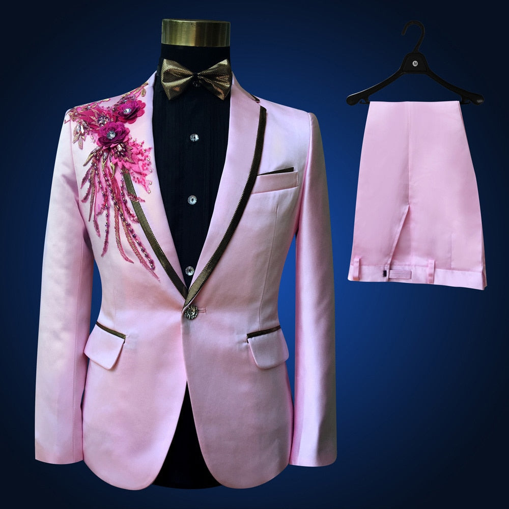Pink Tuxedo Jacket Pant Beads Mens Stage Wearmens Tuxedos Wedding Plus Size 4XL Groom Suit  -  GeraldBlack.com