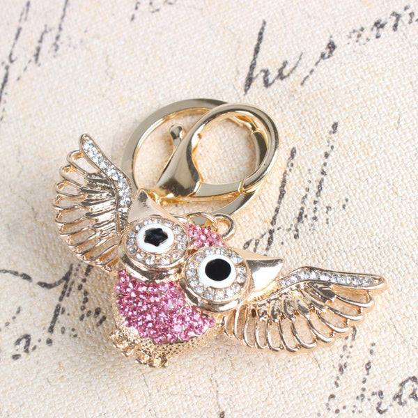 Pink Winged Owl Rhinestone Crystal Key Chain for Purse and Car Key Ring - SolaceConnect.com
