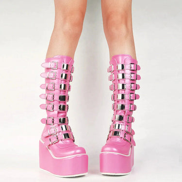 Pink Women's Buckle Zipper Mid Calf Platform Boots Thick Bottom Cool Goth Fashion Shoes  -  GeraldBlack.com