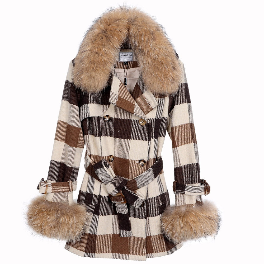 Plaid ladies coat leather raccoon oversized fur collar winter coat double-breasted winter pie  -  GeraldBlack.com