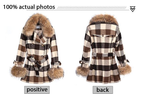 Plaid ladies coat leather raccoon oversized fur collar winter coat double-breasted winter pie  -  GeraldBlack.com