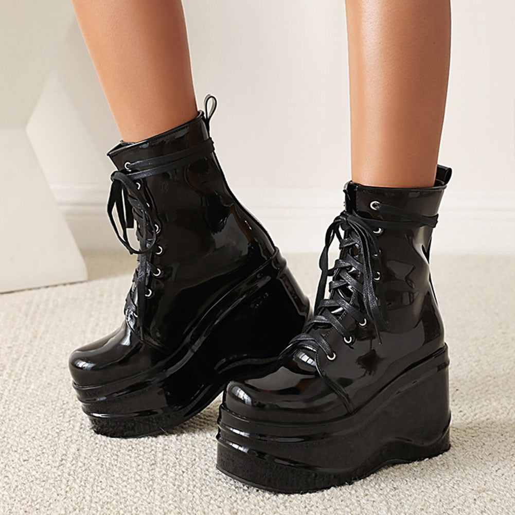 Women Punk Solid Pattern Lace Up Round Toe High Heel Wedge Boots 1 Women Punk Solid Pattern Lace Up Round Toe High Heel Wedge Boots